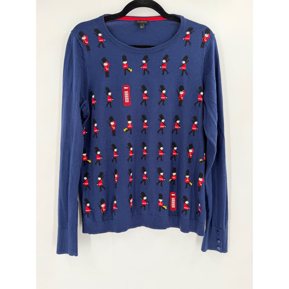 Talbots Sweater Women L Blue British Royal Guard Embroidered Preppy Novelty - Picture 11 of 11